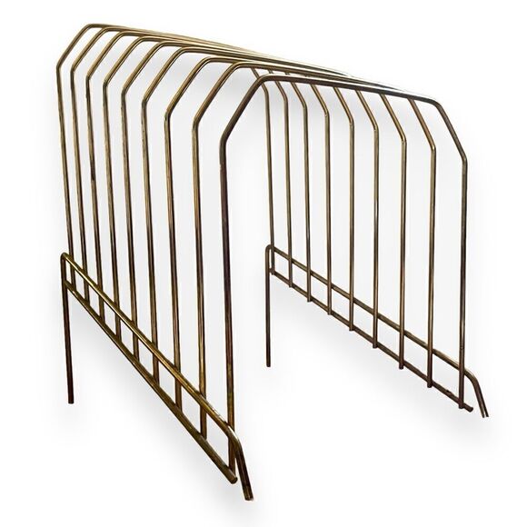 Vintage 1970’s Gold Brass Tone Lacquer Wire (8) Vinyl File Holder Tabletop Stand - Picture 5 of 14